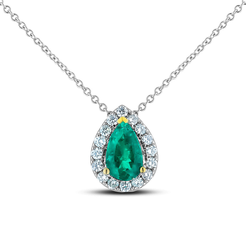 Pear Shape Emerald Diamond Pendant in 18K White Gold | Lugaro
