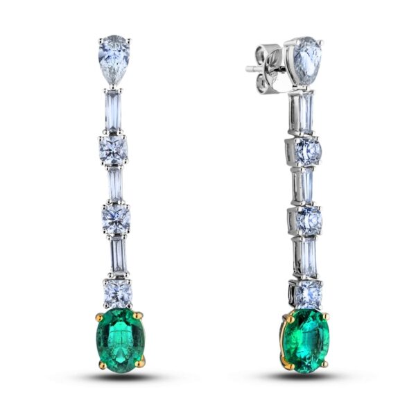 Emerald and Ideal Square Canadian Diamond Dangle Earrings in 18K White Gold
