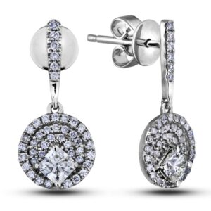 diamond triple halo round frame dangle earrings