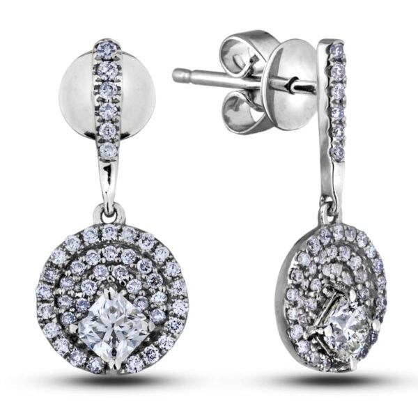 diamond triple halo round frame dangle earrings