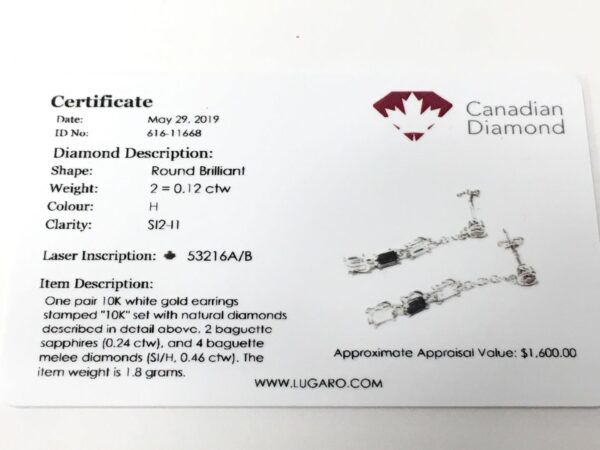 Canadian Diamond & Sapphire Drop Earrings in White Gold - Image 2