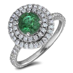 1.0 CT. Emerald and Diamond Double Halo Engagement Ring in 18K White Gold