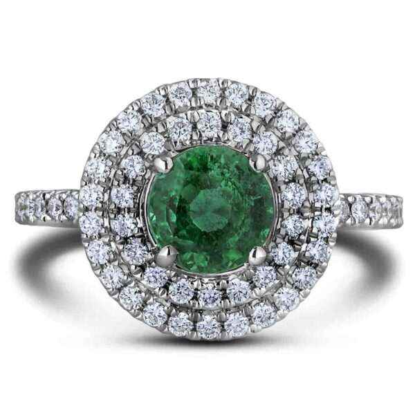 1 Carat Emerald and Diamond Double Halo Ring in 18K White Gold - Image 2
