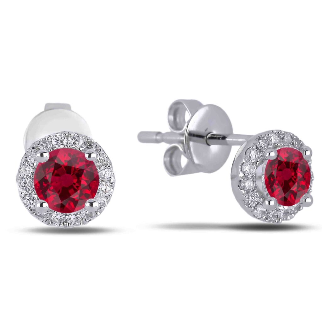 1.0 CTW 1 Carat TW Ruby and Diamond Halo Stud Earrings in 18K White