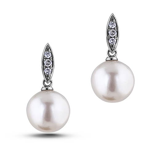 White Pearl And 0 06 Ctw Diamond Dangle Earrings In Gold White Pearl And 0 06 Ctw Diamond Dangle Earrings In Gold