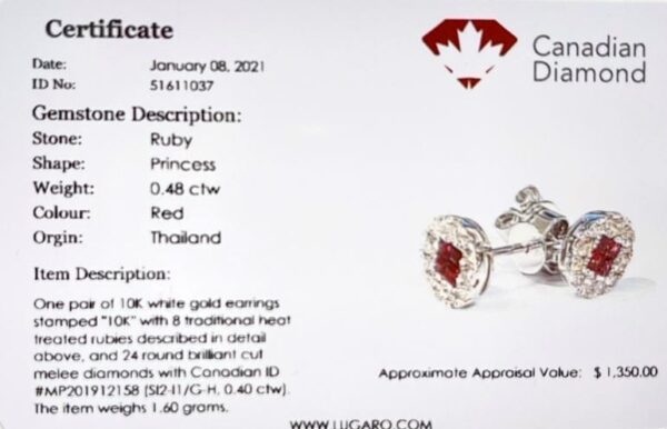 0.48 Carat TW Princess Cut Ruby & Canadian Diamond Halo Stud Earrings White Gold - Image 2