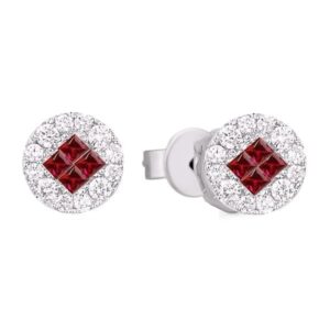 0.48 Carat TW Princess Cut Ruby & Canadian Diamond Halo Stud Earrings White Gold