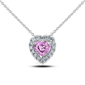 0.65 Carat Hear Shape Pink Sapphire and Canadian Diamond Halo Pendant in White Gold