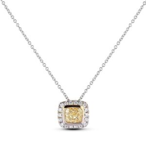 1.00 Carat Cushion Cut Fancy Yellow Canadian Diamond Halo Pendant in 18K White Gold