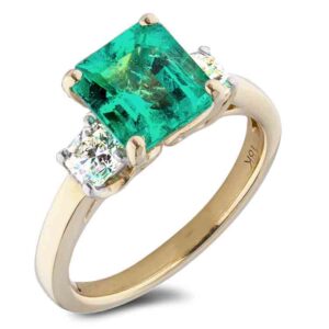 2.27 Carat Emerald Cut Emerald and Diamond Trilogy Ring in 18K Yellow Gold