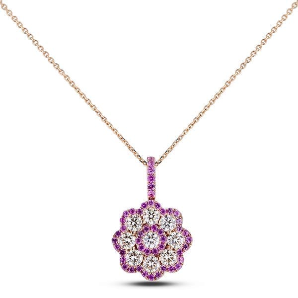 Mosaic Pink Sapphire and Diamond Flower Pendant in 14k Rose Gold (22 in)