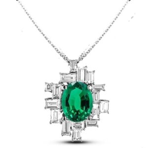 2.90 Carat Oval Emerald and Canadian Diamond Vintage Style Pendant and Chain in 18K White Gold