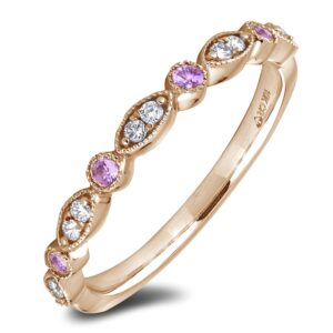 Pink Sapphire and Diamond Dainty Vintage Style Stackable Ring in Rose Gold
