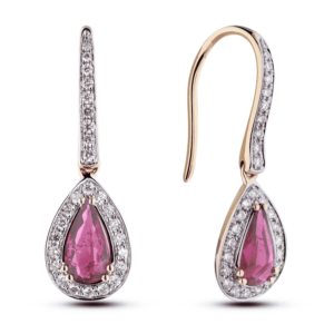 1.20 Carat TW Pear Shape Tourmaline and Canadian Diamond Halo Drop Earrings in 14K Yellow Gold