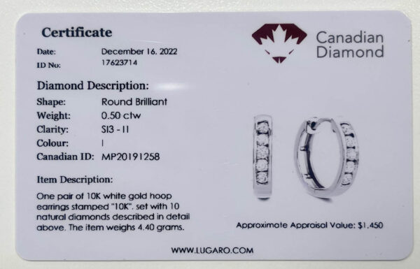 0.50 Carat TW Canadian Diamond Channel Set Hoop Earrings in White Gold