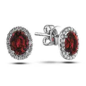 Oval Garnet and Diamond Halo Stud Earrings in 14K White Gold