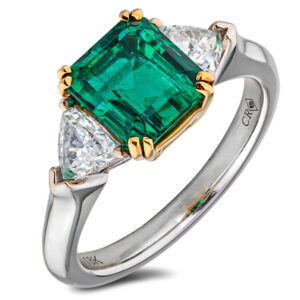 GIA Emerald and Diamond Trilogy Ring in 18K White and Yellow Gold