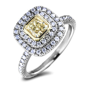 0.72 Carat GIA Certified Fancy Yellow Diamond Double Halo Ring in 18K Gold