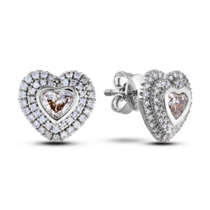0.58 Carat TW Canadian Coffee Diamond Double Halo Heart Stud Earrings in 14K White Gold