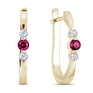 Ruby and Canadian Diamond 3 Stone Hoop Earrings in Yellow Gold