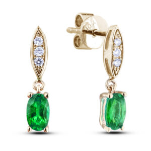 Emerald & Diamond Dainty Dangle Earrings in Yellow Gold
