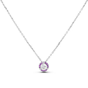 0.21 Carat Canadian Diamond & Pink Sapphire Halo Pendant in White Gold