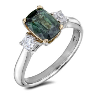 1.77 Carat Green Sapphire and Canadian Diamond Trilogy Ring in 14K White Gold
