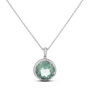 17.64 Carat Natural Brazilian Green Amethyst & Canadian Diamond Halo Pendant in 14K White Gold