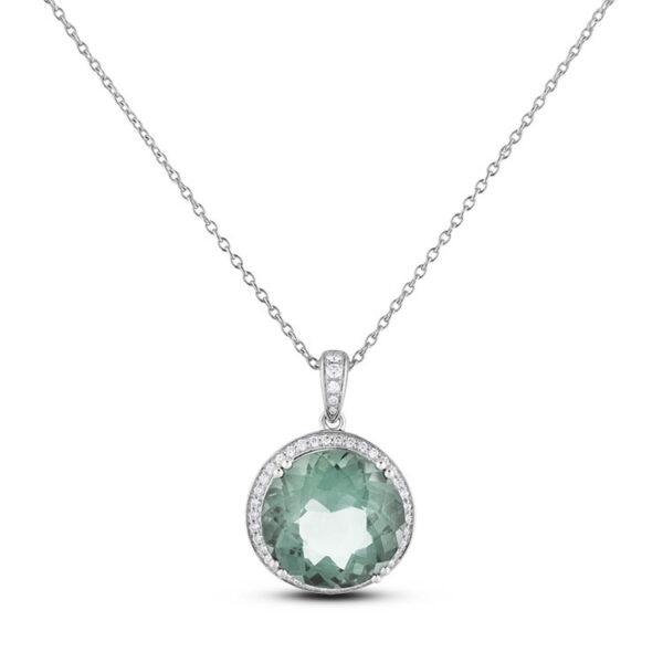 17.64 Carat Natural Brazilian Green Amethyst & Canadian Diamond Halo Pendant in 14K White Gold