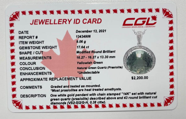 17.64 Carat Natural Brazilian Green Amethyst & Canadian Diamond Halo Pendant in 14K White Gold certificate