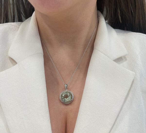 17.64 Carat Natural Brazilian Green Amethyst & Canadian Diamond Halo Pendant in 14K White Gold necklace on