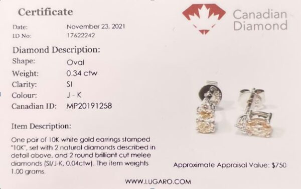 0.34 Carat TW Oval Cut Canadian Diamond Stud Earrings in White Gold