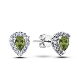 0.88 Carat TW Pear Green Sapphire Halo Canadian Diamond Stud Earrings in White Gold