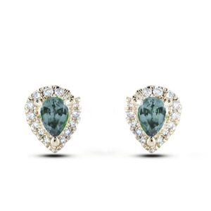 0.60 Carat TW Pear Halo Alexandrite and Canadian Diamond Earrings in White and Yellow Gold