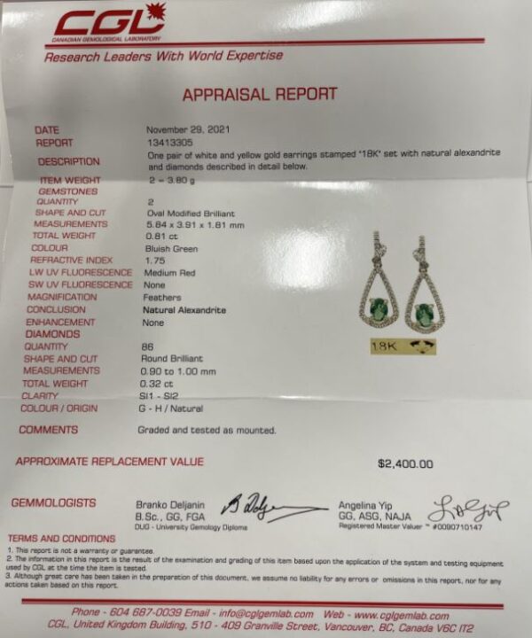 0.81 Carat TW Alexandrite & Canadian Diamond Dangle Earrings in 18K White & Yellow Gold