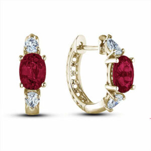 Oval Ruby and Canadian Diamond Hoop Earrings in 14K Yellow Gold