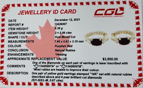 Oval Ruby and Canadian Diamond Hoop Earrings in 14K Yellow Gold