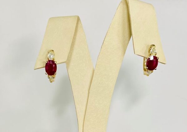 Oval Ruby and Canadian Diamond Hoop Earrings in 14K Yellow Gold
