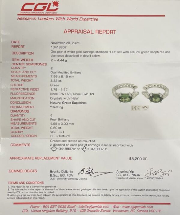 3.93 CTW Green Sapphire and Canadian Diamond Hoop Earrings in 14K White Gold