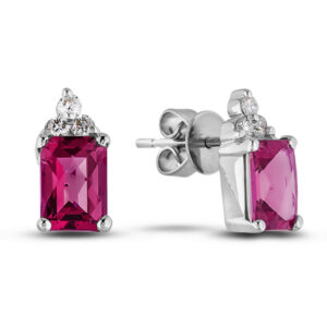 2.06 CTW Emerald Cut Garnet & Diamond Stud Earring in 14K White Gold
