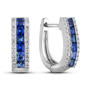 1.40 Carat TW Baguette Cut Sapphire & Diamond Hoop Earrings in 14K White Gold