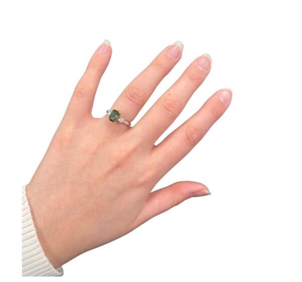 1.77 Carat Green Sapphire and Canadian Diamond Trilogy Ring in 14K White Gold