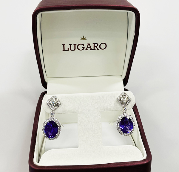 Oval Tanzanite and Canadian Diamond Halo Drop Earrings in Gold