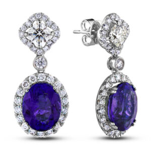 8.14 Carat TW Oval Tanzanite and Canadian Diamond Halo Drop Earrings in 18K White Gold