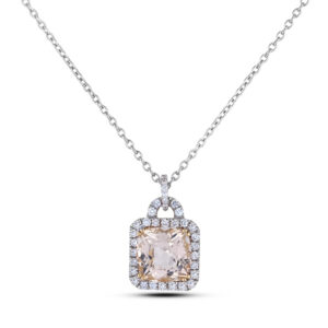 4.57 Carat Cushion Cut Morganite and Canadian Diamond Halo Pendant in 14K White Gold