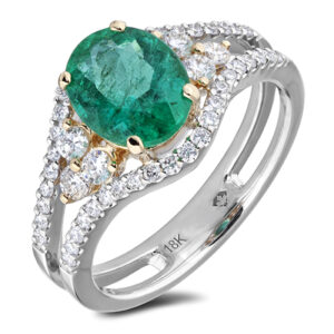 1.53 Carat Emerald & Canadian Diamond Double Row Ring in 18K White & Yellow Gold