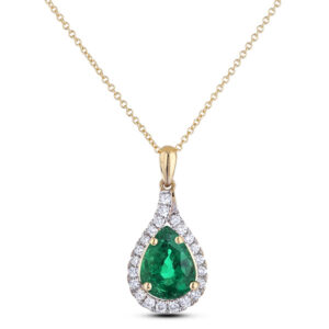 1.21 Carat Pear Shape Natural Emerald & Diamond Halo Pendant in 18K Yellow Gold
