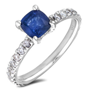 1.00 Carat Cushion Cut Natural Sapphire and Canadian Diamond Ring in 14K White Gold