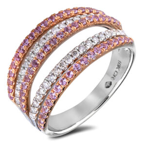 0.59 Carat TW Pink Sapphire and Diamond Multi-Row Anniversary Ring in White and Rose Gold