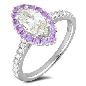 1.08 Carat Marquise Cut GIA Diamond and Pink Sapphire Halo Engagement Ring in 14K White Gold